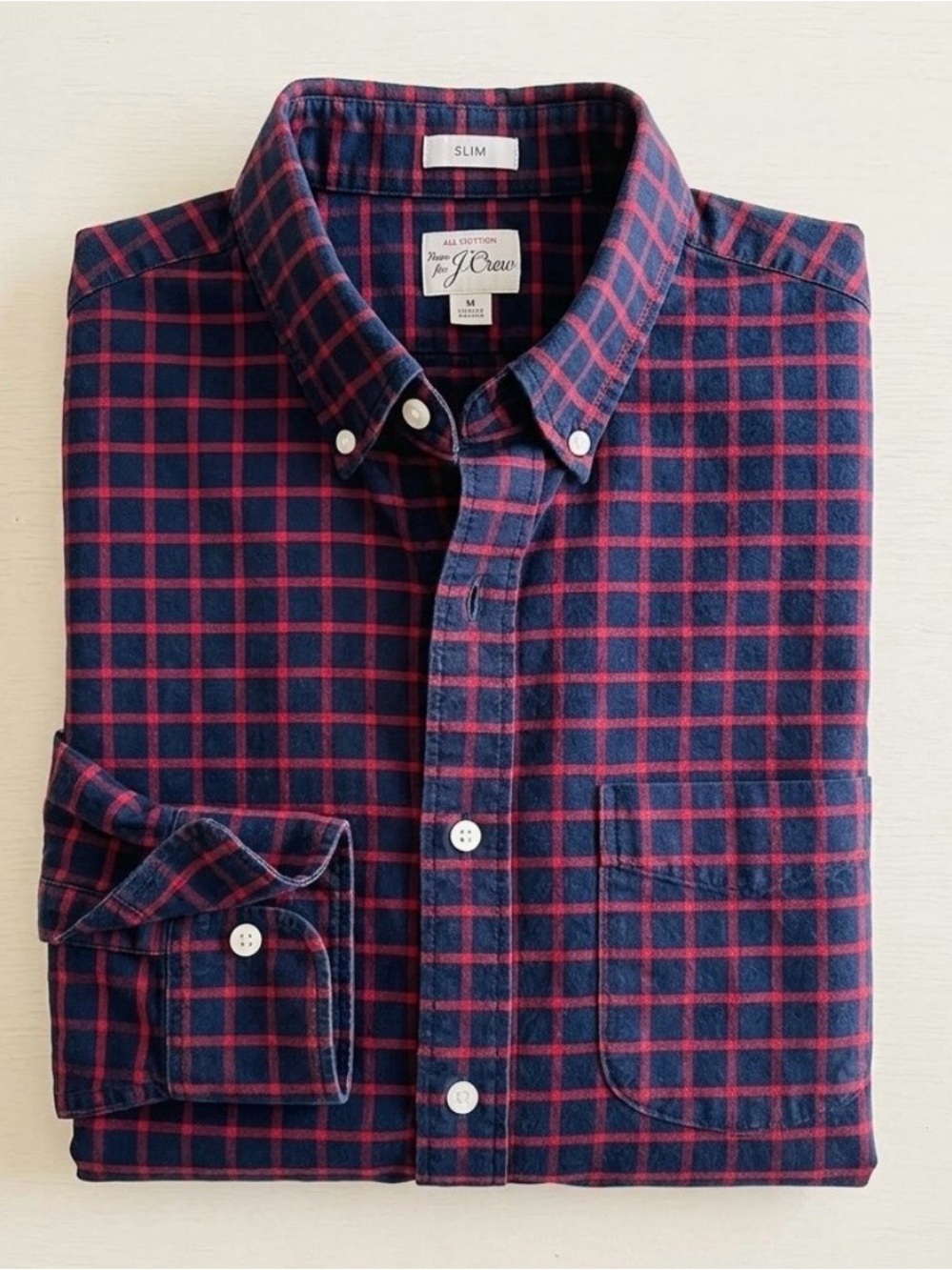 J.Crew Mens Shirt XL Slim Fit American Pima Cotton Button Down Navy Red Plaid